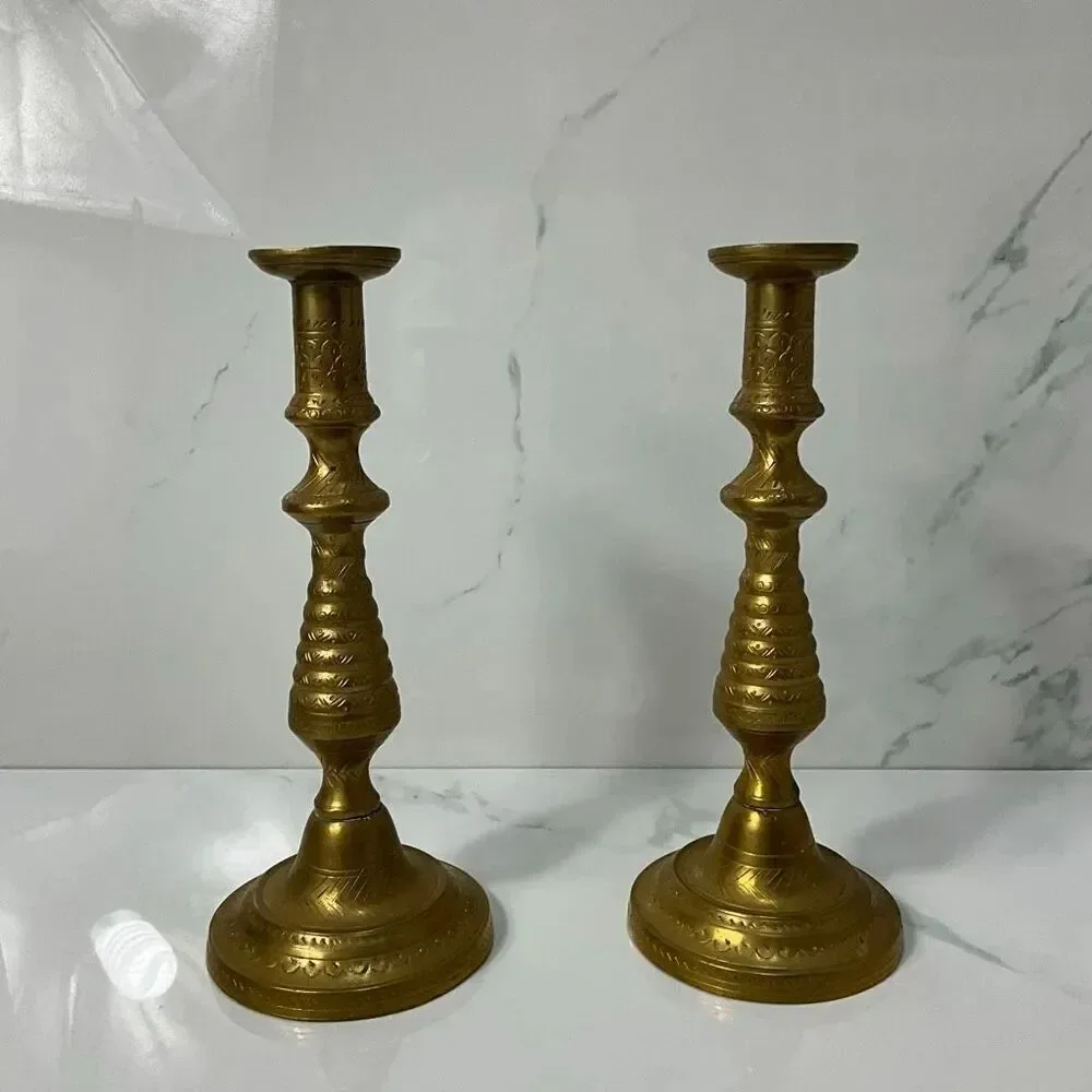 Pair Of VINTAGE Etched Brass Candle Holders